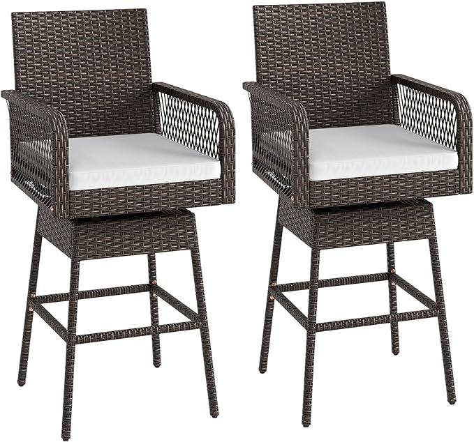 ORALNER Outdoor Wicker Swivel Bar Stools Set of 2, 29" Bar Height Patio Rattan Dining Chair with Armrests, Footrest & Seat Cushion, Metal Frame, for Backyard, Porch, Poolside, Deck (2, White)