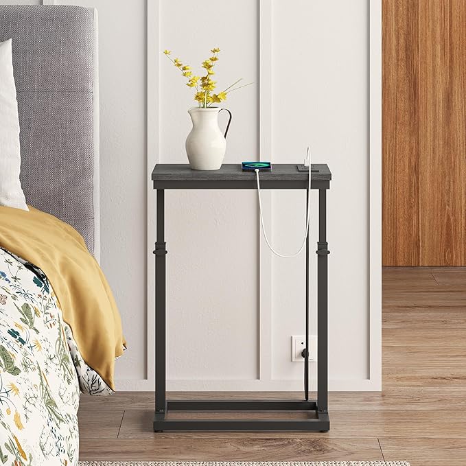 TUTOTAK End Table with Charging Station, Side Table, Tall Couch Table, Sofa Table, Living Room, Bedroom,Black TB01BK084
