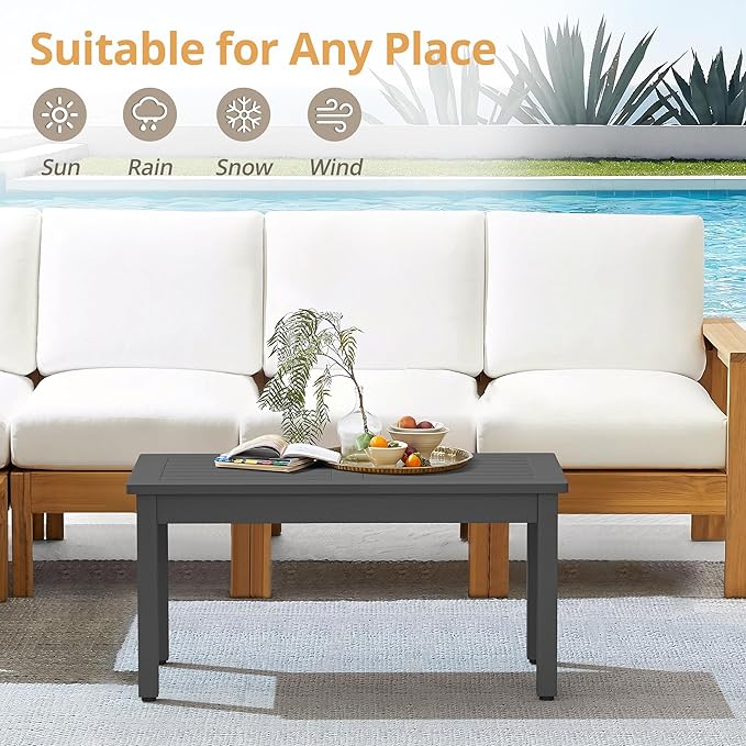 LUE BONA Outdoor Coffee Table Rectangle, HDPS Patio Coffee Tables for Outside, All Weather Patio Coffee Table with Slatted Tabletop for Deck, Garden, Balcony, Indoor or Outdoor Use, Dark Gray