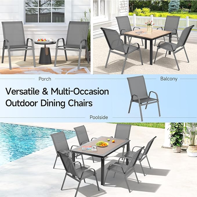 ONBRILL Patio Chairs set of 6, Easy Assembly Stackable Outdoor Dining Chairs with Wide Seat and Sturdy Metal Frame, Breathable All Weather Textilene Outdoor Chairs Set of 6 for Deck, Pool, Porch, Grey
