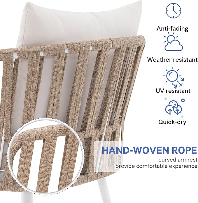 SUNSITT Patio Dining Chairs Set of 4, Outdoor Metal Dining Chairs with Woven Rope, All-Weather Patio Arm Chairs w/Cushions, Porch, Garden, White