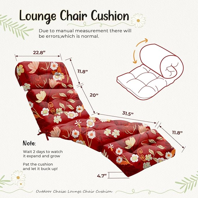 4 Pack Outdoor Chaise Lounge Chair Cushion 75.1 x 22.8 x 4.7 Inches 100% Waterproof Replacement Cotton Patio Pool Lounge Chair Cushion for Outdoor Furniture with Ties, Red Peony