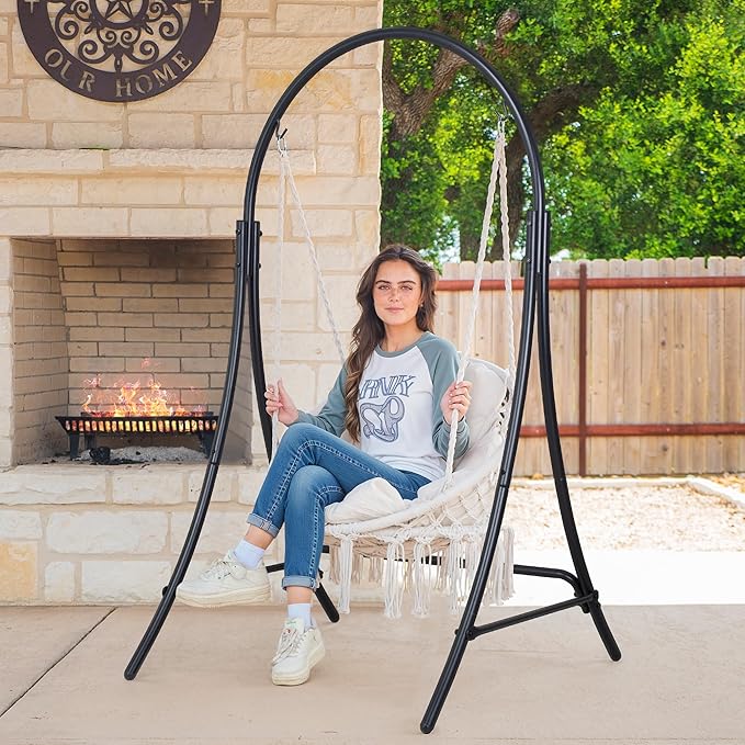 ANOW Macrame Hammock Chair with Stand, Heavy Duty Hanging Chair Stand with Swing Chair, Includes Luxury Padded Cushion, Max 400 Lbs, Natural