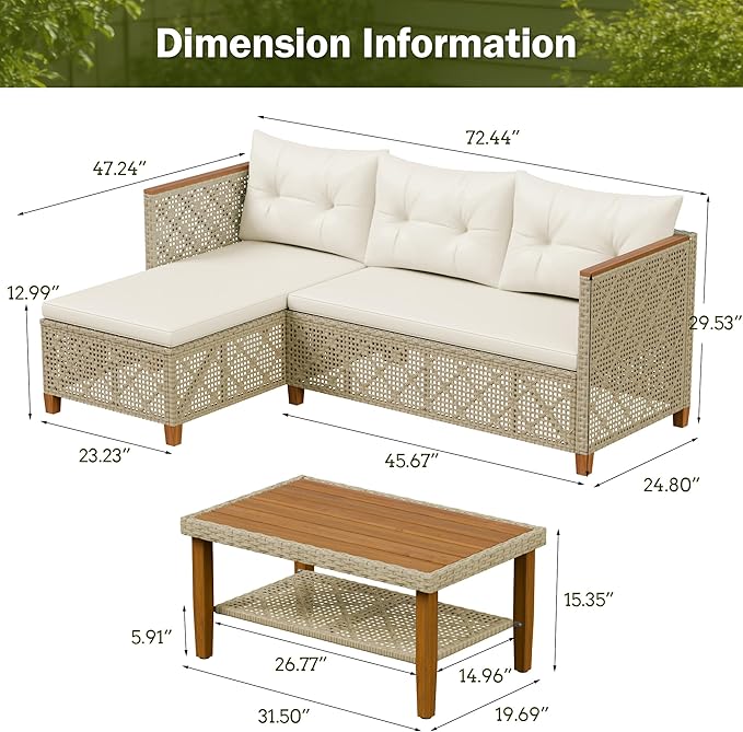 Devoko Patio Furniture Set 3 Piece Outdoor Sectional Sofa Hollow Rattan Patio Seating Sofa with Coffee Table & Ottoman for Deck, Porch, Poolside