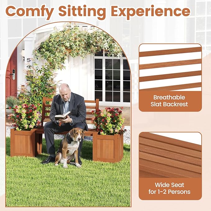 Giantex 2-in-1 Outdoor Bench with Backrest & 2 Raised Garden Beds, Wood with Teak Oil Finish, Planter Boxes with Open-Ended Base, Garden Bench Seat for Porch Balcony Lawn Yard, DIY Assembly