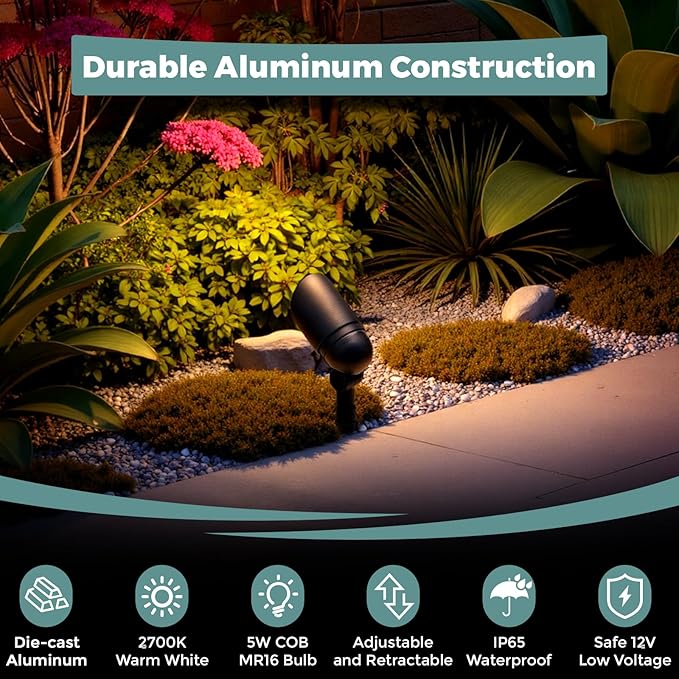 Gardencoin Low Voltage Landscape Spotlight, 12V LED Outdoor Landscape Lighting, Landscape Spot Lights Wired for Garden and Yard, Aluminum Up Lighting Fixture with 5W MR16 Replaceable Bulb (2 Pack)