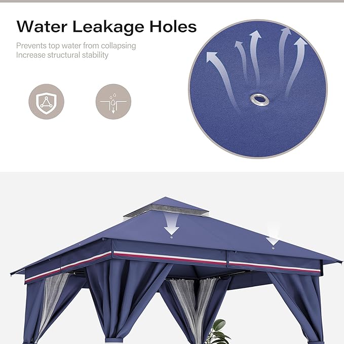 LAUSAINT HOME Semi-Permanent Outdoor Patio Gazebo 8'x8', Heavy Duty Party Tent Shelter with Double Roofs, Mosquito Nettings and Privacy Screens for Backyard, Garden, Lawn, Classic Blue