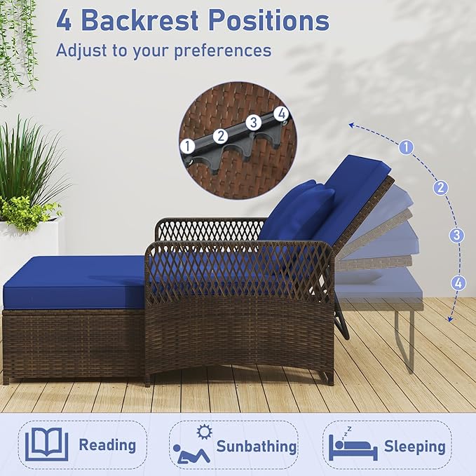 RELAX4LIFE Wicker Patio Outdoor Daybed - Rattan Sunbed Loveseat Sofa Set w/4-Level Adjustable Back, Cushions & Pillows, Storage Ottoman, 2-Person Bed Lounger for Backyard Porch, Patio Daybed (Navy)
