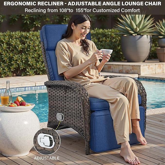 Belord 7 Piece Wicker Patio Furniture Set - 4 Adjustable Outdoor Recliner Chairs with 3 Side Table Patio Conversation Set,155° Lay Flat Chaise Lounge Chair Outdoor for Pool Deck Brown