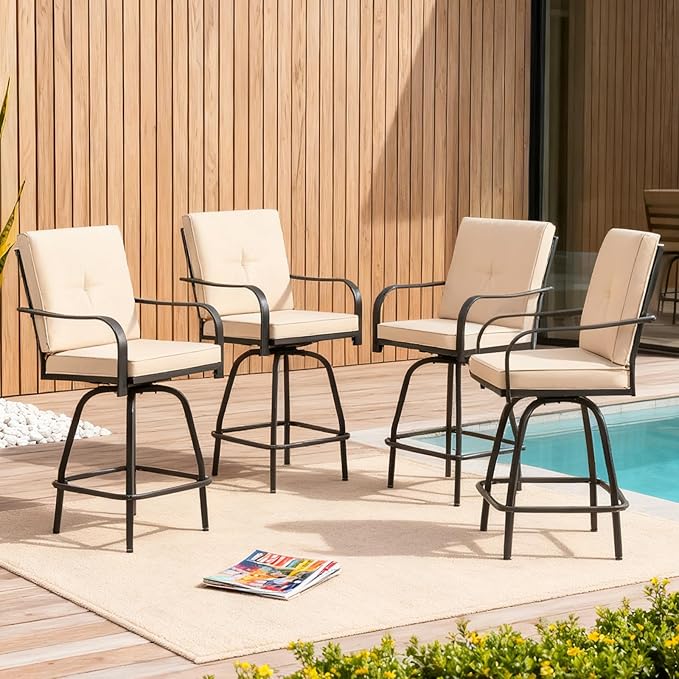 Patio Swivel Bar Stools, Outdoor Bar Height Swivel Chairs Set of 4 with Cushion & All Weather Steel Frame for Backyard, Lawn, Poolside and Balcony, Beige