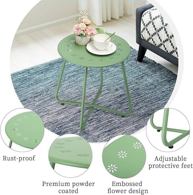 danpinera Outdoor Side Tables with Flower Cut Outs, Weather Resistant Steel Patio Side Table, Small Round Outdoor End Table Metal Side Table for Patio Yard Balcony Garden Green
