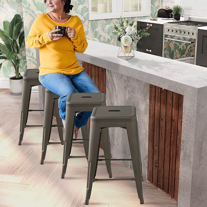 COSTWAY Bar Stools Set of 4, 24” Stackable Metal Stools with Square Seat & Handing Hole, X-shaped Reinforced Design, Comfortable Footrest, Backless Bar Chairs for Kitchen, Dining Room, Pub (Gun, 24‘’)