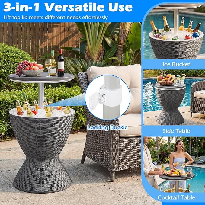 Tangkula Outdoor Cool Bar Table, Rattan Patio 8 Gallon Beer & Wine Cooler, All-Weather Ice Bucket w/Height Adjustable Top, Drainage Plug, 3-in-1 Cocktail Bar Table for Party, Barbecue, Picnic (Grey)