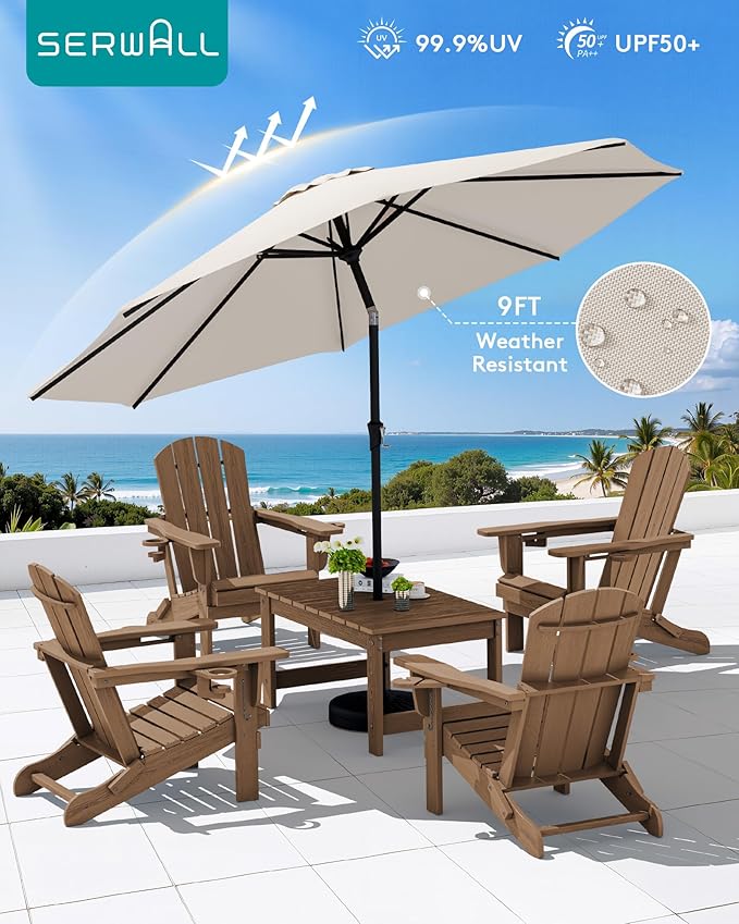 SERWALL Outdoor Coffee Table with 9FT Umbrella, HDPE Patio Coffee Table for Outside, Rectangle, Brown(Not Include Umbrella Base)