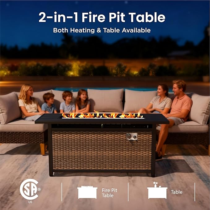 PHI VILLA Half-Moon Patio Furniture Set with 56" Fire Pit Table, 8-Piece Wicker Outdoor Curved Sectional Sofa, Large Conversation Seating for Garden or Backyard, Beige