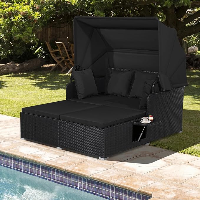 Moccha Outdoor Daybed with Retractable Canopy, Wicker Cabana with 2 Side Tables & Soft Cushions ,Hand-Woven PE Rattan Bed Lounger, Patio Sectional Furniture Set for Garden Backyard Porch (Black)