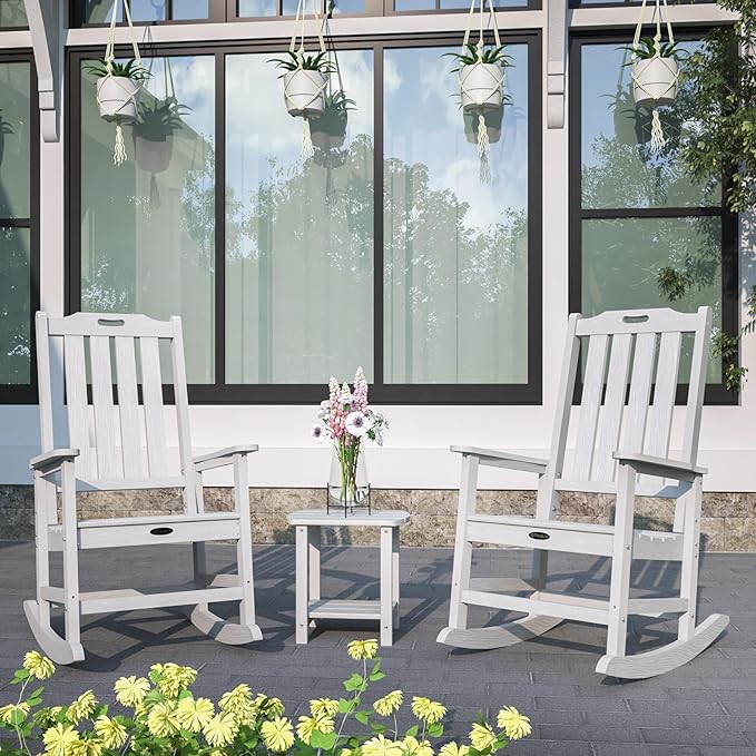 Oversized Rocking Chair Set of 4, Outdoor Rocking Chair for Adults, All Weather Resistant Porch Rocker for Lawn Garden, White