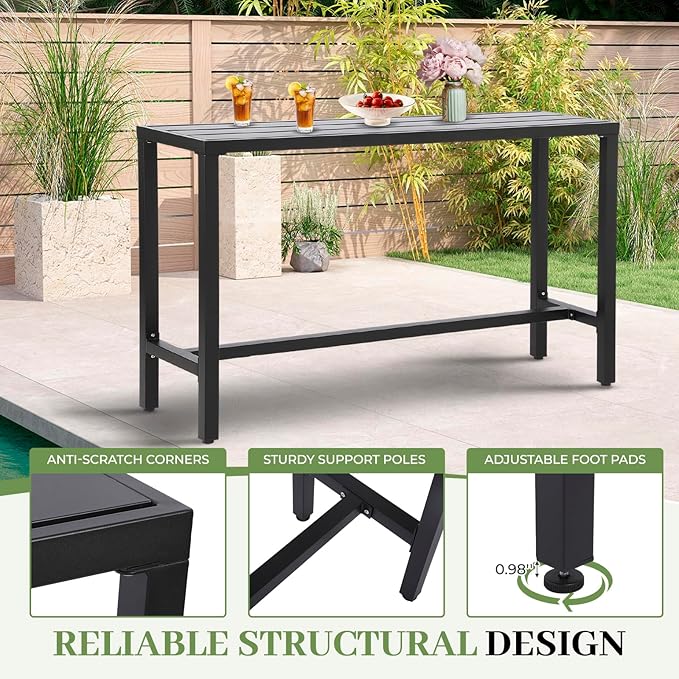 Outdoor Bar Table, Patio Counter Height Bar Table, 63" Rectangle Bar Table for Patio, Garden, Yard, Balcony, Poolside (Black, 63“)