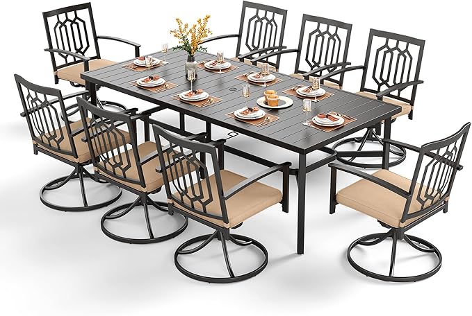 PHI VILLA 9 Pieces Outdoor Dining Set for 8, 83" Rectangular Black Wrought Iron Table with Umbrella Hole & Swivel Metal Steel Chairs, Outside Furniture Set for Patio, Porch, Deck, Backyard