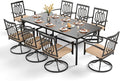 PHI VILLA 9 Pieces Outdoor Dining Set for 8, 83" Rectangular Black Wrought Iron Table with Umbrella Hole & Swivel Metal Steel Chairs, Outside Furniture Set for Patio, Porch, Deck, Backyard