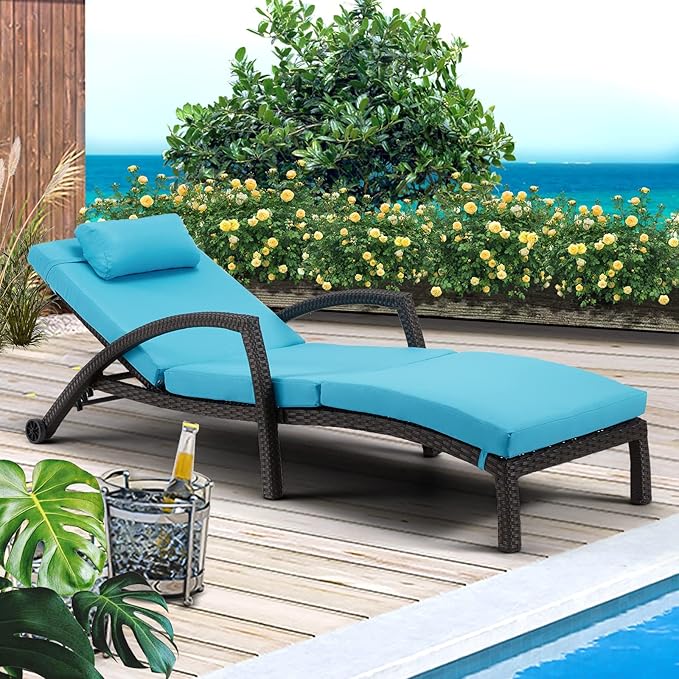 HOMREST Chaise Lounge Chairs Set of 4, PE Rattan Wicker Lounge Chair with Arm and Wheels for Poolside,Blue