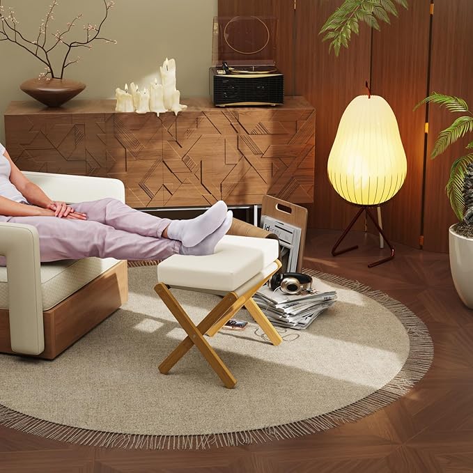 Foldable Foot Stool Ottoman, Modern Foot Rest with Bamboo X Legs & Thick Foam Cushion, Folding Foot Stools Small Padded for Bedroom Living Room, Footstool for Chair Couch (Natural - Beige)