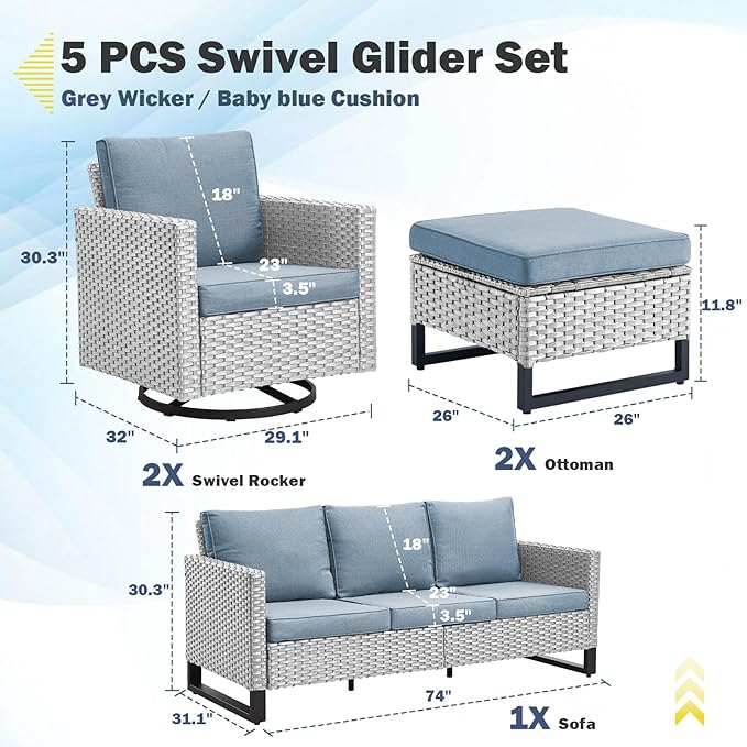Belord Wicker Patio Furniture 5 Piece Outdoor Sofa Set, Oversize Outdoor Swivel Rocker Chairs with Rattan Ottomans, Conversation Sets Patio Furniture Come with Removable Cushion Baby Blue, Light Grey