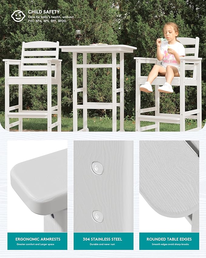 SERWALL Tall Adirondack Bar Chairs and Table 3 Pieces Set, Adirondack Bar Height Chairs Set of 2 and Bar Table, Outdoor Bar Stools Set for Bistro, Poolside, Backyard, White