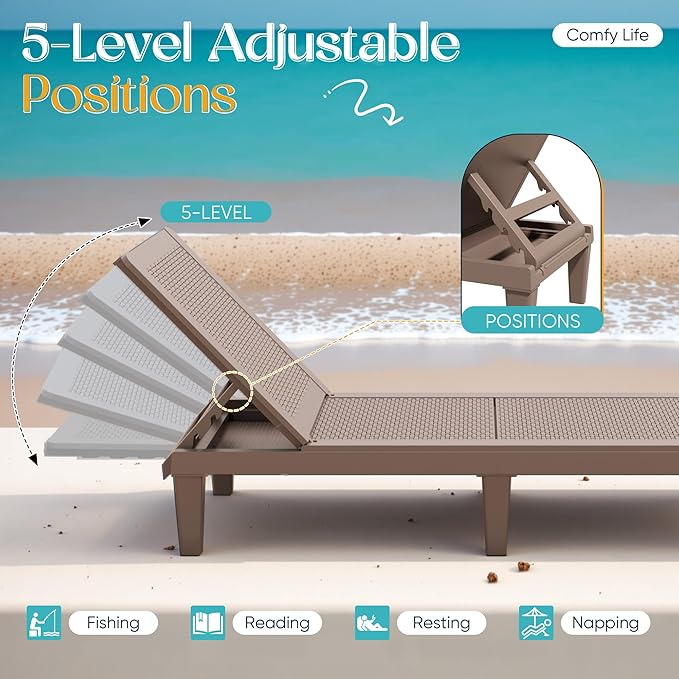 Greesum Outdoor Chaise Lounge Chairs Set of 2 with 5-Position Adjustable Backrest, Waterproof PP Sun Loungers for Garden Pool Beach Patio Deck Sunbathing, Light Coffee
