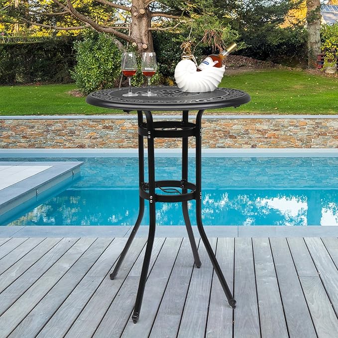 VINGLI Cast Aluminum Bar Height Patio Table with Umbrella Hole - Tall Outdoor Bistro Table, 32" Dia x 41" H (Black)