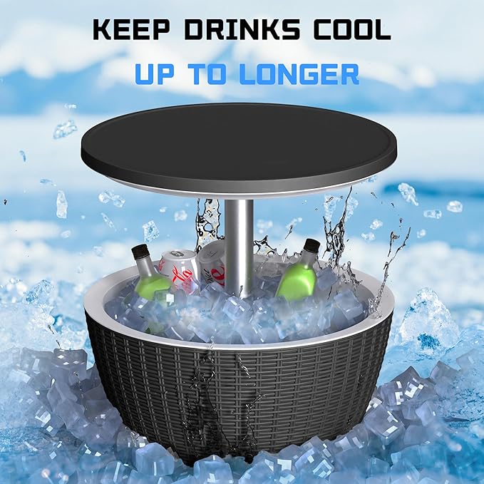EasyUp Outdoor Cooler Bar Table – 8 Gallon Outdoor Patio Cooler Table with Drain Plug, Adjustable Height Rattan-Style Resin Cool Bar for Poolside, Deck, BBQ & Parties (Black)