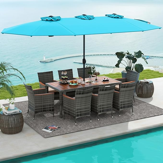 Tangkula 10 Pieces Patio Wicker Dining Set w/Double-Sided Patio Umbrella, Outdoor Acacia Wood Furniture Set w/ 8 Armchairs, 71” Dining Table & 15 ft Umbrella with Weighted Base (Turquoise)