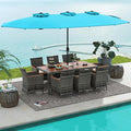 Tangkula 10 Pieces Patio Wicker Dining Set w/Double-Sided Patio Umbrella, Outdoor Acacia Wood Furniture Set w/ 8 Armchairs, 71” Dining Table & 15 ft Umbrella with Weighted Base (Turquoise)
