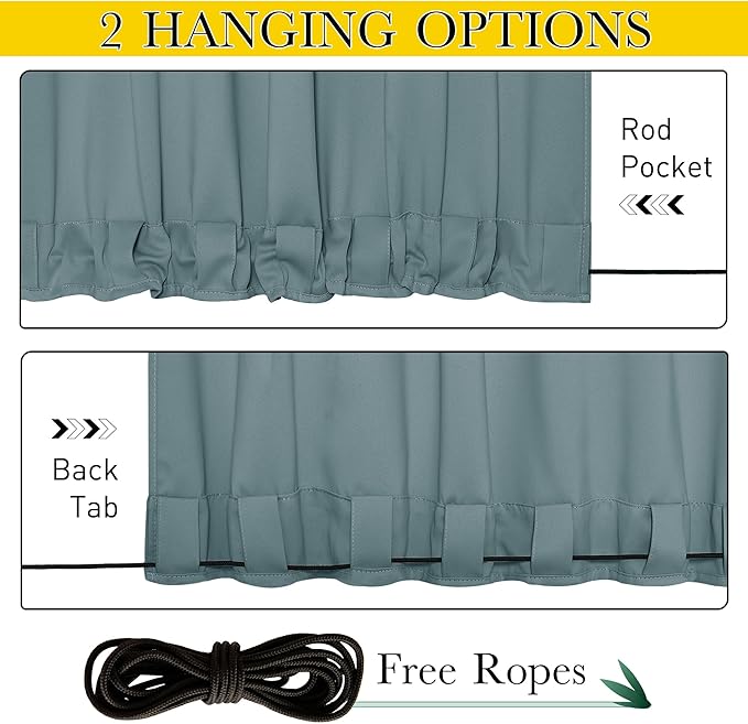 NICETOWN Outdoor Curtains for Patio Waterproof 108 inches Long 2 Panels, Windproof Thermal Insulated Top & Bottom Grommet/Back Tab Privacy Drapes with Rope for Fixed, Greyish Blue, W52 x L108