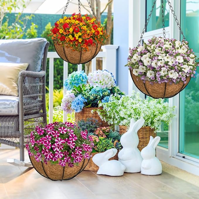 ZeeDix 3 Pack 10 Inch Metal Round Hanging Planter Basket with Coconut Liners Replacement, Hanging planters Baskets with Natural Coco Liner for Outdoor Indoor Planters Flowers Vegetables