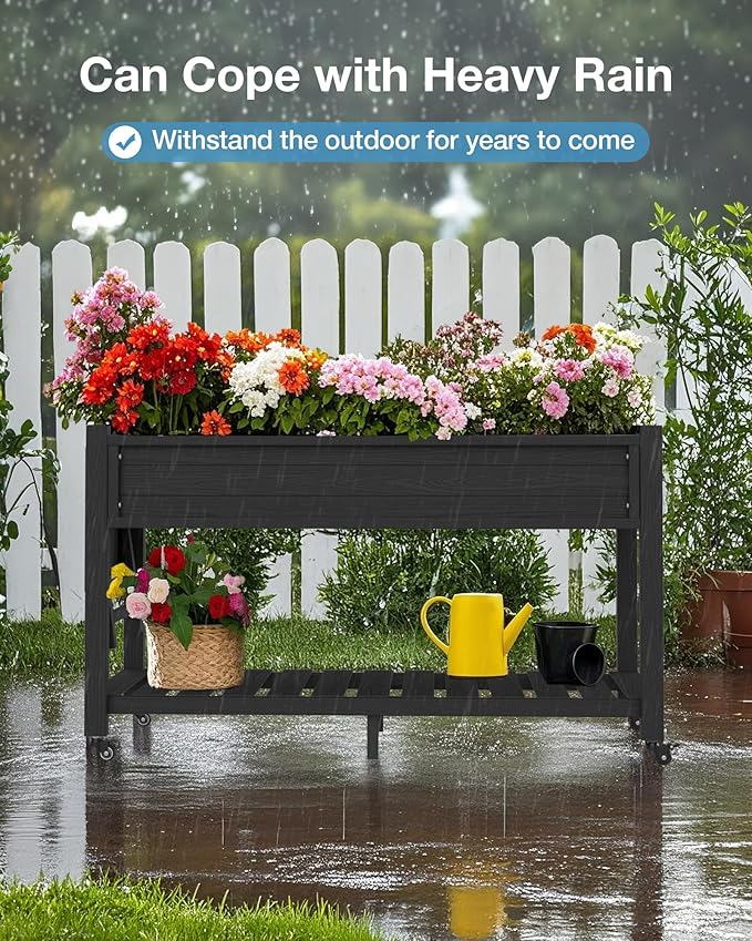 YEFU Raised Garden Bed with Legs: 57x18x30in Elevated Poly Planter with Wheels,Waterproof Mobile Raised Bed Garden, Elevated Planter Box Stand with Storage Shelf,For Deck,Patio,Porch,Yard (Black,2pcs)