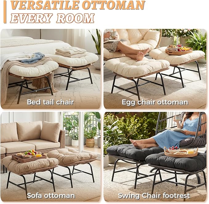 NICESOUL Indoor Outdoor Ottoman Set of 2, Large Wide Double Patio Footstool, PE Rattan Thicken Cushioned Footrest, All-Weather Wicker Furniture for Balcony, Porch, Living Room, Egg Chair, Beige