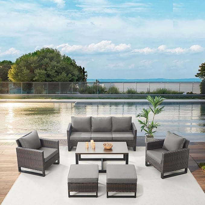Belord 6 Piece Outdoor Furniture Patio Wicker Sofa Set, Oversize Outdoor Dining Chairs with Rattan Ottomans, Conversation Sets Patio Furniture Come with Removable Washable
