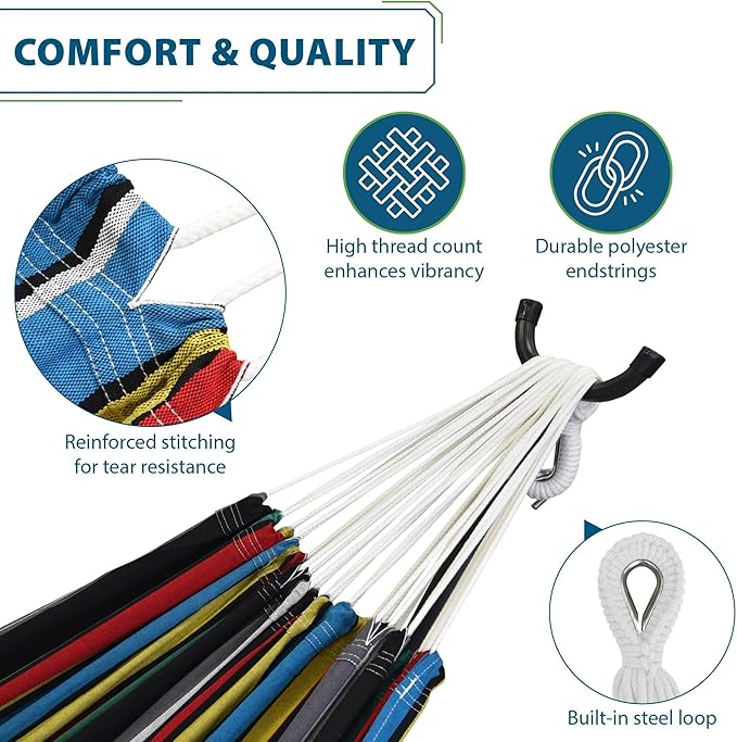 Vivere Double Cotton Hammock with Space Saving Steel Stand, Upgraded Polyester End Strings 450 lb Capacity - Premium Carry Bag Included - (Rio Night)