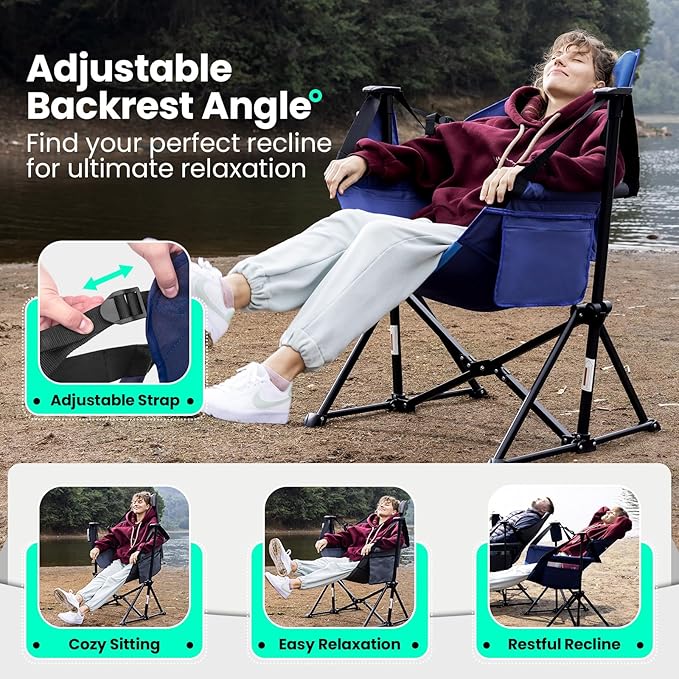 Hammock Camping Chair for Adults with Adjustable Backrest, Heavy Duty Padded Folding Hammock Chair Supports 400lbs, Portable Hammock Chair Swinging Chair for Camping, Travelling and Patio