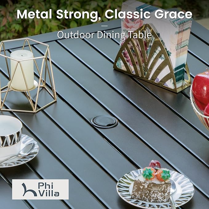 PHI VILLA 5 Pieces Outdoor Dining Set for 4 with 10ft Umbrella, 37" Metal Square Table & Stackable Wrought Iron Chair with Cushions & Red Umbrella, Modern Furniture Set for Patio, Deck, Yard, Porch