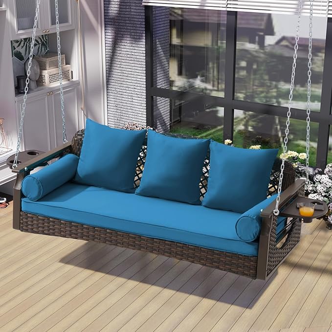 3 Seat Porch Swing, Wicker Patio Swing with Cup Holders & 3 Back Cushions, Yard Swing with Chains for Deck Garden Backyard,Brown Rattan, Peacock Blue Cushion, 56-inch