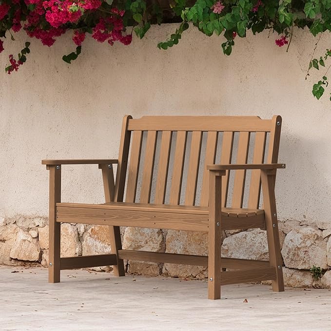 Ciokea 49" Heavy Duty Outdoor Bench, HDPE Weatherproof Porch Benches, Durable 2-Person Garden Benches with 660 Lbs, Waterproof Patio Bench for Outside Balcony Deck Backyard, Teak