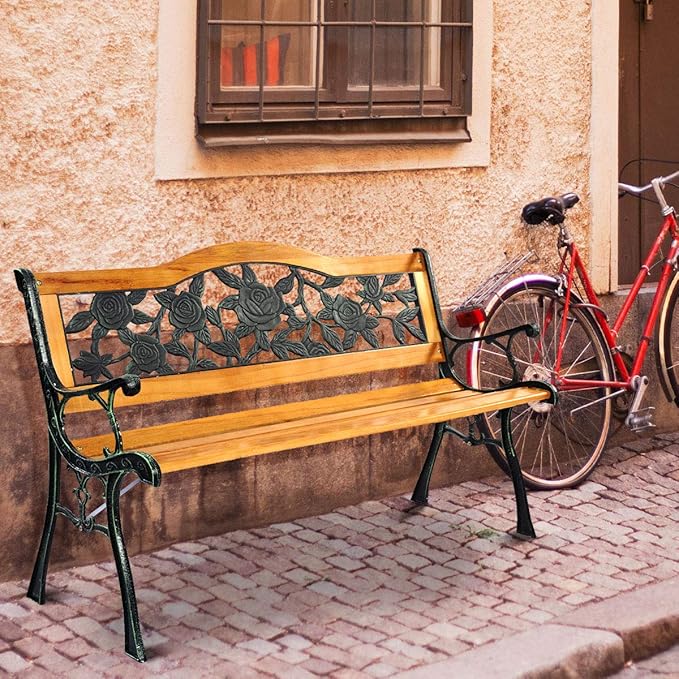 Giantex 50 Inch Patio Bench, Outdoor Furniture Rose Cast Iron Hardwood Frame Porch Loveseat, Weather Proof Porch Path Chair for 2 Person Outside Bench