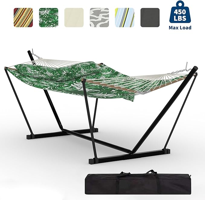 Portable 2 Person Double Hammock with Sturdy Heavy-Duty Steel Stand – 450LBS Max Load, Quick & Effortless Assembly, Perfect for Indoor Living, Yard, Patio & Camping Trips