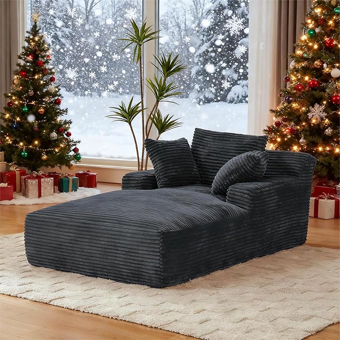 78.7" Chaise Lounge Chair Indoor, Oversized Boneless Couch Comfy Upholstered Sleeper Sofa Bed with 3 Pillows, Corduroy Cloud Reading Chair for Living Room No Assembly Required, Dark Grey