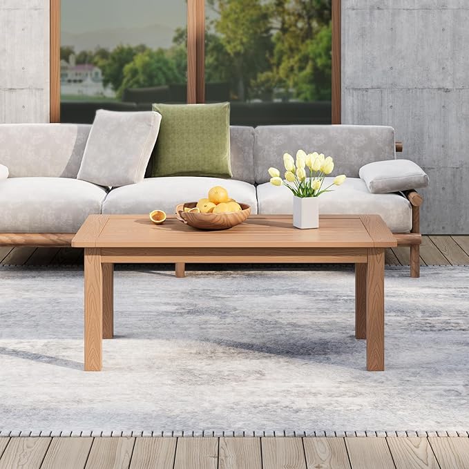 Stoog All-Weather Outdoor Coffee Table, HIPS Patio Coffee Tables for Outdoor, Modern Rectangle End Table for Backyard, Porch, Garden, Pool & Deck, Teak