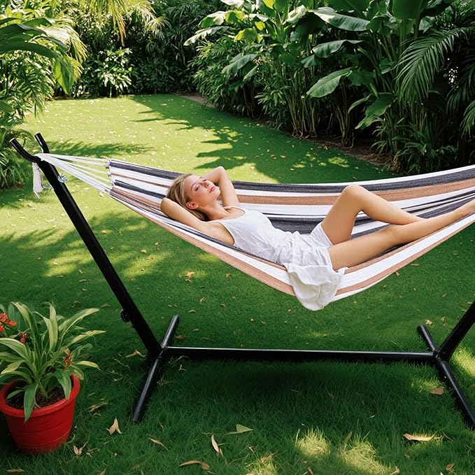 Sweetcrispy Double Hammock with Space Saving Steel Stand Heavy Duty 2 Person Standing Hammocks 450lb Capacity for Outside Garden Yard with Portable Carrying Bag, White