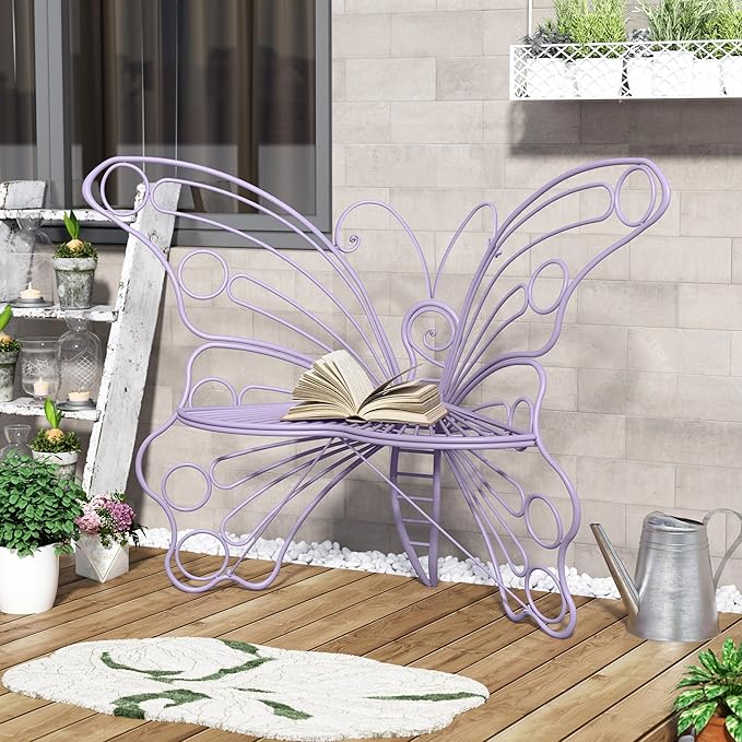 50 Inches Outdoor Bench, Garden Bench with Sturdy Iron Metal Frame, Pretty Butterfly Bench Front Porch Bench for Porch,Lawn,Garden,Yard
