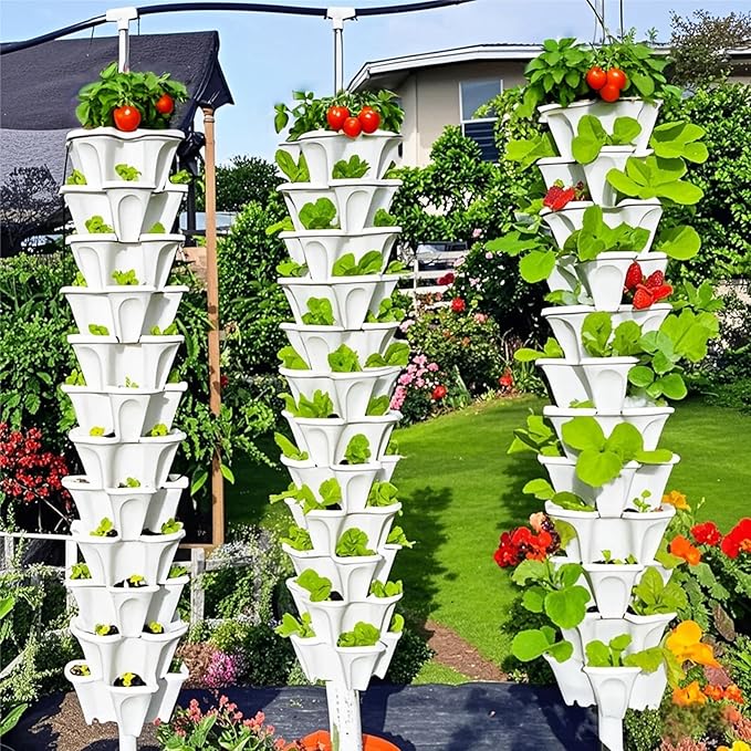 Strawberry Planters, 7 Tiered Vertical Stackable Planter, Herb Stacking Tower Garden, Flower and Vegetable Planters with Support Pole Indoor & Outdoor with Removable Wheels - Dark Grey